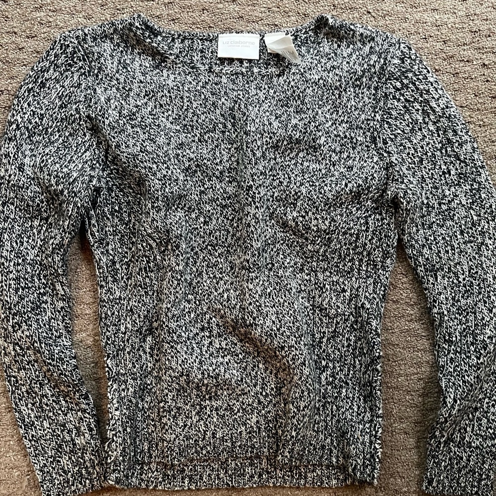 Liz Claiborne Black & White Marled Scoop Crew Sweater